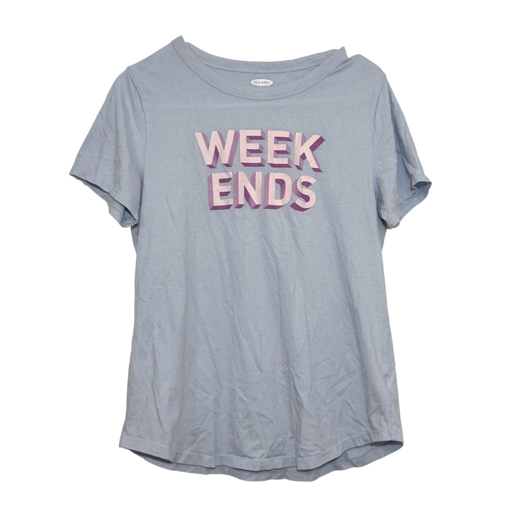 Old Navy Womens Week Ends Graphic Tee Light Blue Short Sleeve T-Shirt Size M